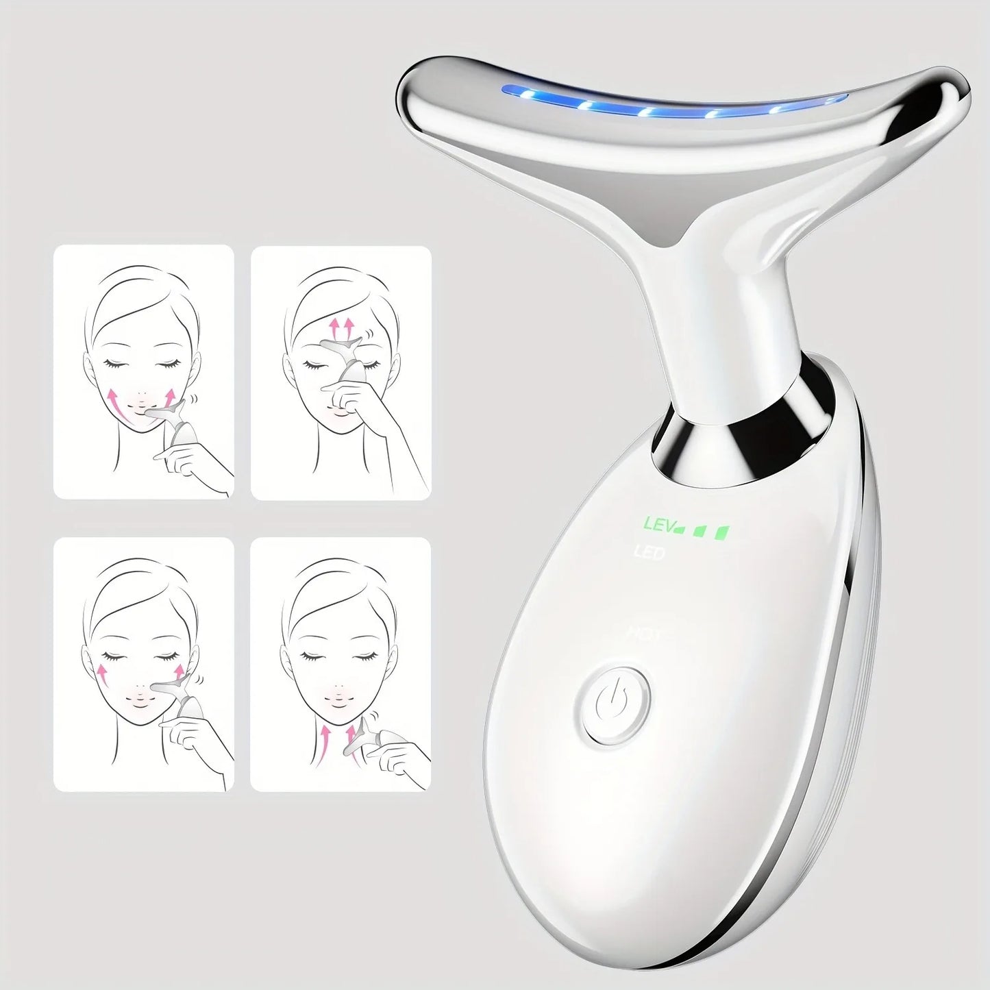 Rechargeable 7-Color LED Facial and Neck Massager with Smart Heat Therapy for Skin Smoothing and Brightening