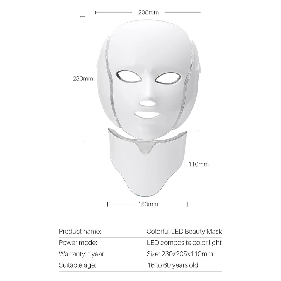 Face Mask Light 7 Colors Face and Neck Light Facial Skin Care anti Aging Skin Tightening Wrinkles Toning Mask