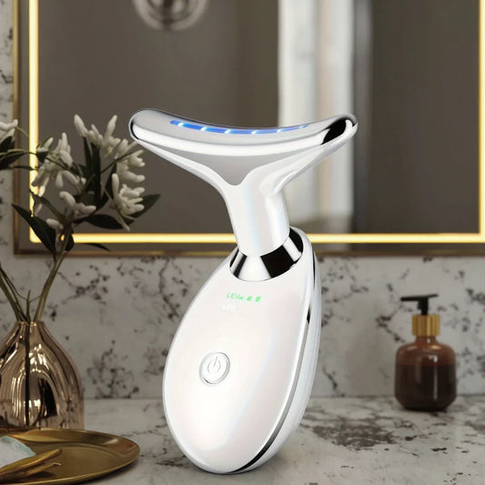Rechargeable 7-Color LED Facial and Neck Massager with Smart Heat Therapy for Skin Smoothing and Brightening